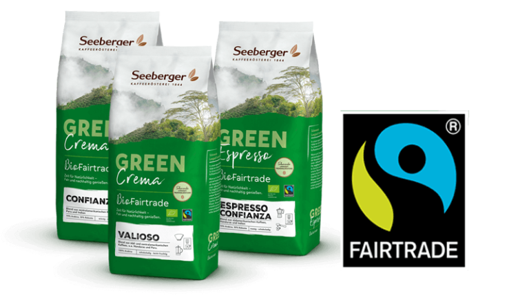 Packungen Seeberger Bio-Fairtrade-Kaffee und Fairtrade-Siegel