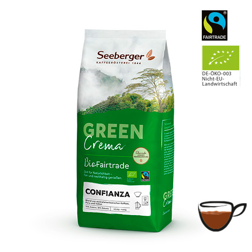 Packung Seeberger Bio Fairtrade Kaffee Confianza, daneben Bio- und Fairtrade-Siegel sowie ein Icon einer Kaffeetasse