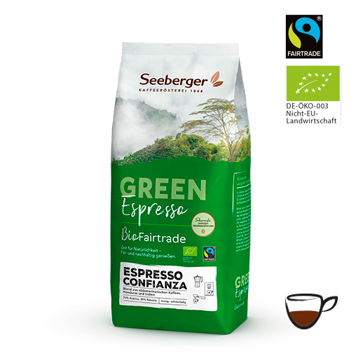 Packung Seeberger Bio Fairtrade Espresso Confianza, daneben Bio- und Fairtrade-Siegel sowie ein Icon einer Kaffeetasse