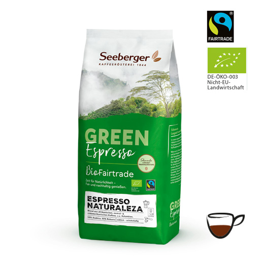 Packung Seeberger Bio Fairtrade Espresso Naturaleza, daneben Bio- und Fairtrade-Siegel sowie ein Icon einer Kaffeetasse