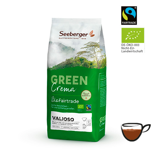 Packung Seeberger Bio Fairtrade Kaffee Valioso, daneben Bio- und Fairtrade-Siegel sowie ein Icon einer Kaffeetasse